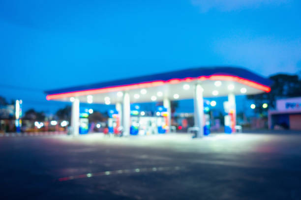 Abstract blurred in gas station at twilight, Fuel station, Abstract backgroundv stock photo