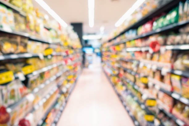 Abstract blurred supermarket grocery store and refrigerators in department store.,Consumer products goods on shelf, Category of food products on defocus background., Motion blurred concept. stock photo