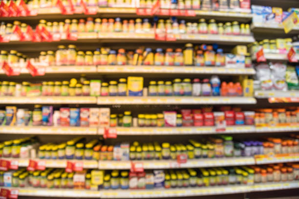 Abstract blurred vitamin store shelves variation of supplements stock photo
