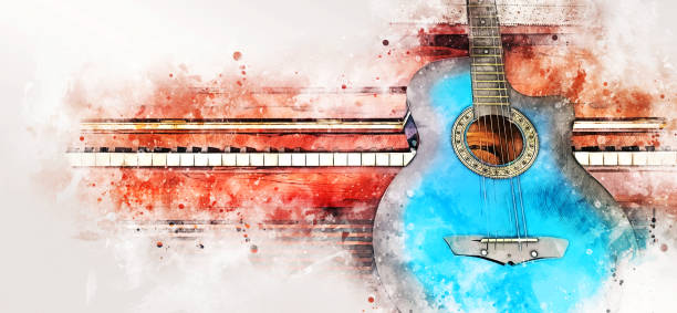 Abstract colorful guitar and piano keyboard on watercolor illustration painting background. stock photo