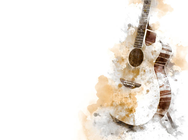 Abstract colorful Guitar in the foreground on Watercolor painting background and Digital illustration brush to art. stock photo