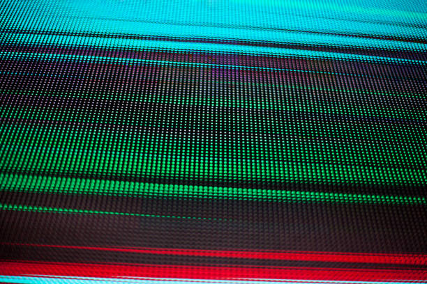 Abstract colorful parallel lines texture background, blue, green, red neon light strips on black backdrop, decorative bright dots ornament, geometric digital striped graphic pattern, copy space stock photo