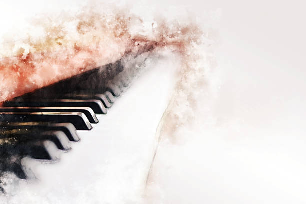 Abstract colorful piano keyboard on watercolor illustration painting background. stock photo