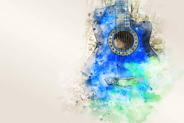 Abstract colorful shape on acoustic Guitar in the foreground on Watercolor painting background and Digital illustration brush to art. Abstract colorful shape on acoustic Guitar in the foreground on Watercolor painting background and Digital illustration brush to art. country and western music stock pictures, royalty-free photos & images