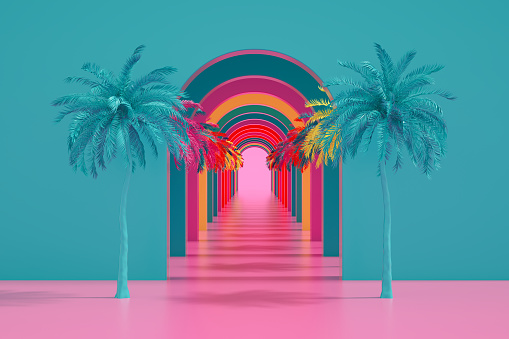 3D rendering of Abstract Colorful Tunnel with Palm Tree. Copy Space, Image Montage. Multi colored.