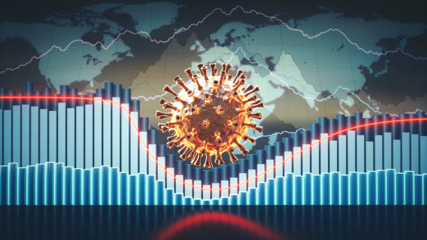 informazioni economiche astratte sul coronavirus concetto 3d con grafici, grafici e mappa del mondo sullo sfondo e una cellula virale al centro - crisi foto e immagini stock