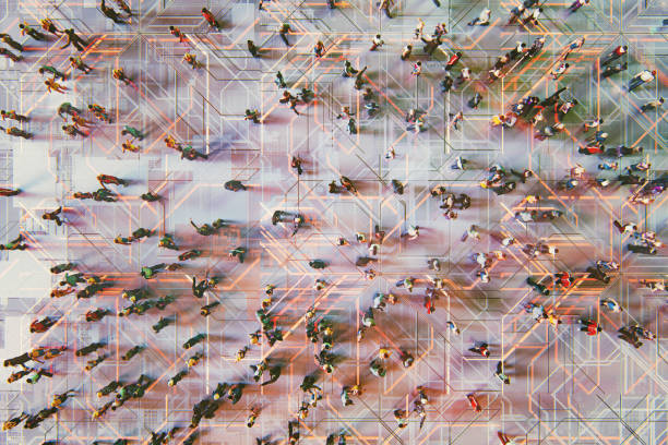 Abstract crowds of people with virtual reality street display Abstract crowds of people with virtual reality street display. This is entirely 3D generated image. connection stock pictures, royalty-free photos & images