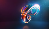 Abstract curved and twisted shape 3d render with light glows and soft flares against colourful background.