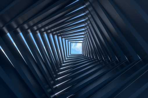3D Rendering of abstract dark tunnel, door to sky.