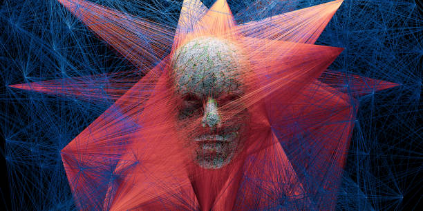 Abstract digital human face with big data connection or mistic mask stock photo