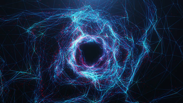 abstraktes digitales wurmloch, tunnel bestehend aus blauen und roten funkelnden partikeln und linien. weg durch das digitale netzwerk schöne blaue und rote partikel. reise durch raum und zeit. 3d-rendering - zeitmaschine düster stock-fotos und bilder