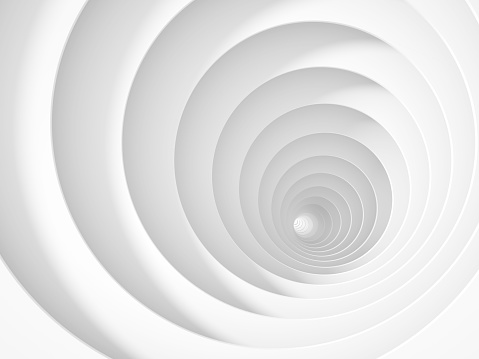 Empty white tunnel perspective, abstract digital graphic background. 3d rendering illustration