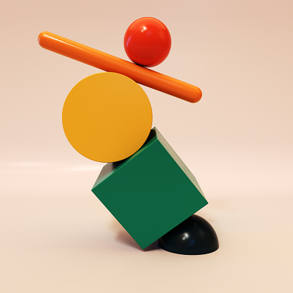 Abstract equilibrium still life, made of plastic shapes. Balance concept, 3d render illusstration.
