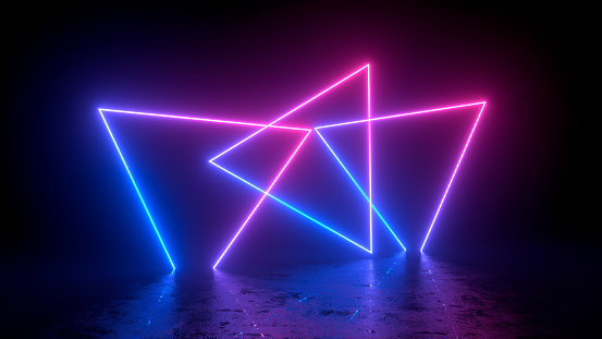 3d rendering of abstract exhibition background with ultraviolet neon lights, cosmic landscape, glowing lines on black background. purple, pink and blue colors.