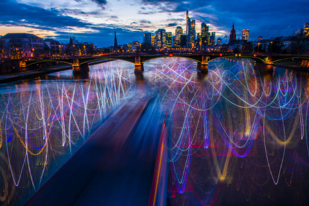 Abstract experimental surreal photo,long exposure, city and ship lights. Frankfurt panorama and skyscrapers after sunset./Frankfurt,Germany stock photo