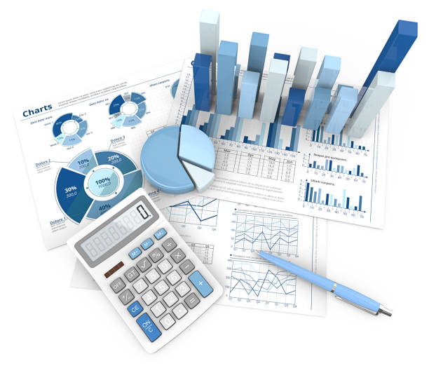 Abstract Finance Workplace. 3d Illustration of Financial documents 3D graphs and pie charts. Pen and Calculator. Top view. Blue theme. market research stock pictures, royalty-free photos & images