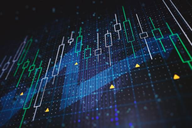 gráficos financieros abstractos con flecha hacia arriba sobre un fondo azul. renderizado 3d - stock market fotografías e imágenes de stock