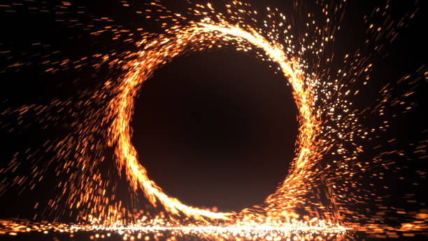 anillo del fuego resumen de fuegos artificiales de llama de fuego ardiente. patrón de círculo de fuego o fuego frío o fuegos artificiales en fondo negro que chispas. ilustración 3d - aerodinamica fotografías e imágenes de stock