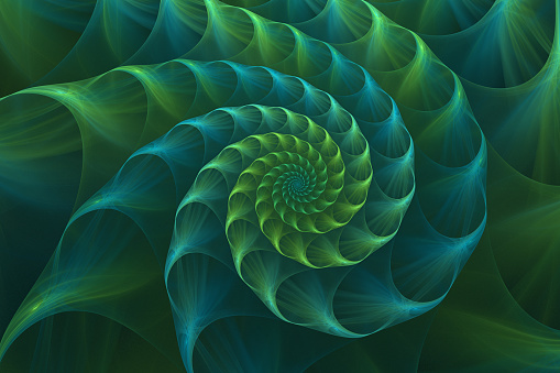 Abstract fractal blue and green sea shell. Golden spiral. An amazing fibonacci pattern in a nautilus shell. Computer generated image.