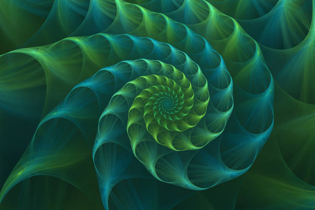 Abstract fractal blue and green nautilus sea shell Abstract fractal blue and green sea shell. Golden spiral. An amazing fibonacci pattern in a nautilus shell. Computer generated image. fractal stock pictures, royalty-free photos & images