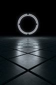 istock Abstract futuristic 3d background with a white circle neon light frame 1306621821