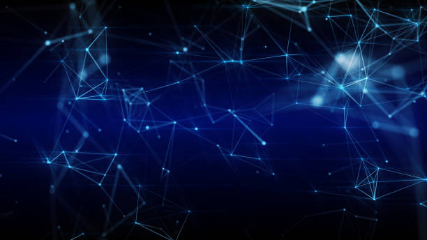 abstrakte futuristische 3d-illustration von leuchtend blauer oberfläche mit verbindungspunkten - synapse stock-fotos und bilder