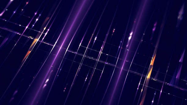 Abstract Futuristic Technology Grid Ultra Violet Pattern Fiber Optic Arrow Laser LED String Light Connection Neon Purple Glowing Cable Traffic Black Background  Dark Shiny Tilt Wire Mesh Fractal Art Diminishing Perspective Digitally Generated Image stock photo