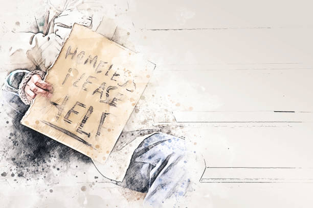 Abstract homeless man showing text on watercolor illustration painting background. stock photo