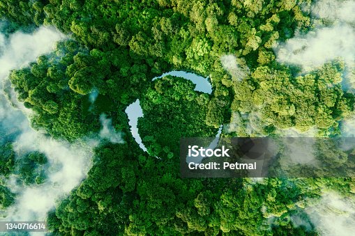 istock Abstract icon representing the ecological call to recycle and reuse in the form of a pond with a recycling symbol in the middle of a beautiful untouched jungle. 3d rendering. 1340716614