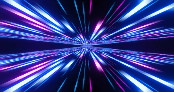 abstraktes bild der hohen geschwindigkeit. rosa blaue linien zusammensetzung. abstrakte leuchten neonlinien und streifen. abstrakter hintergrund mit fliegenden neon-glühenden streifen. motion 3d-illustration - speed stock-fotos und bilder