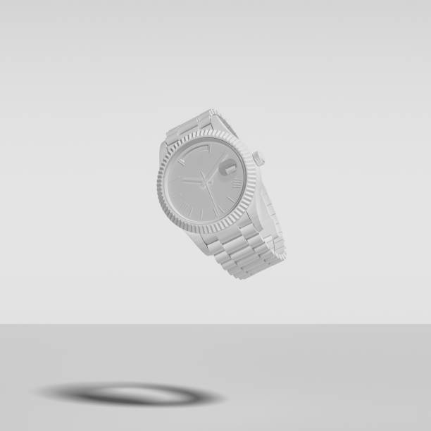 Abstract Image of White Painted Luxury Watch, Falling, Floating, Suspended, Isolated Against White stock photo