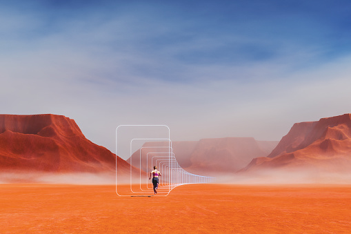 Abstract image of woman running in barren desert. 3D generated image.