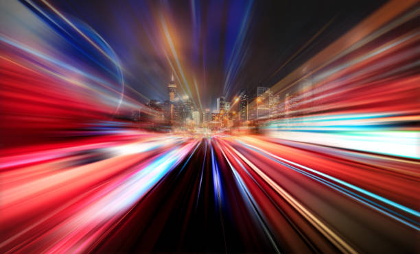Abstract Motion Speed Light with Night City Background stock photo