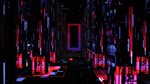 Abstract Neon Digital tunnel of cyberspace moving forward, Technology Future city background concept. 3d rendering stock photo