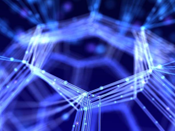 Abstract network design with glowing lines on dark blue back stock photo