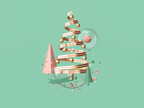 abstract pink coil ribbon christmas tree many object decoration floating christmas concept 3d rendering