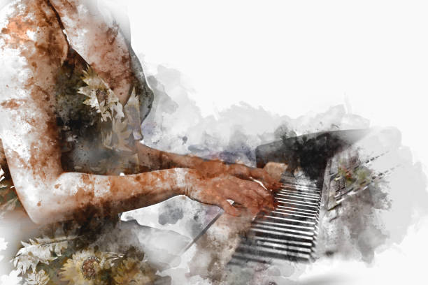 Abstract playing piano keyboard on watercolor illustration painting background. stock photo