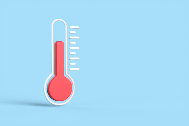 Abstract red thermometer on isolated on blue background. stock photo
