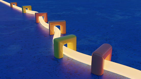 Abstract scene where a tube of light connects several arches. 3D digital render