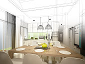 abstract sketch design of interior dining and kitchen room ,3d