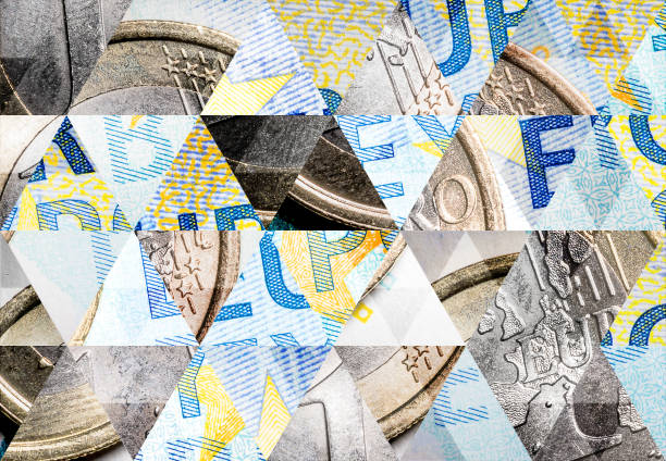 abstrakte dreieck mosaik hintergrund: 1-euro-münze auf 20 euro-banknote - eu währung stock-fotos und bilder