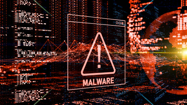 Abstract Warning of a detected malware program Malware Detected Warning Screen with abstract binary code 3d digital concept spyware stock pictures, royalty-free photos & images