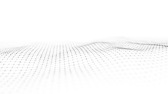 Abstract white wave with moving dots and lines. Flow of particles. Cyber technology illustration. 3d rendering
