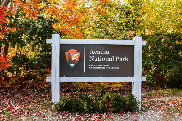 Acadia National Park informative sign stock photo
