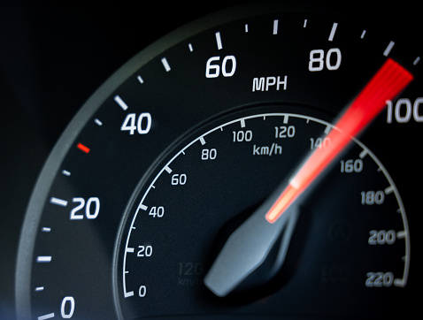 Close-up showing the needle on a car's speedometer moving towards 100 miles per hour.