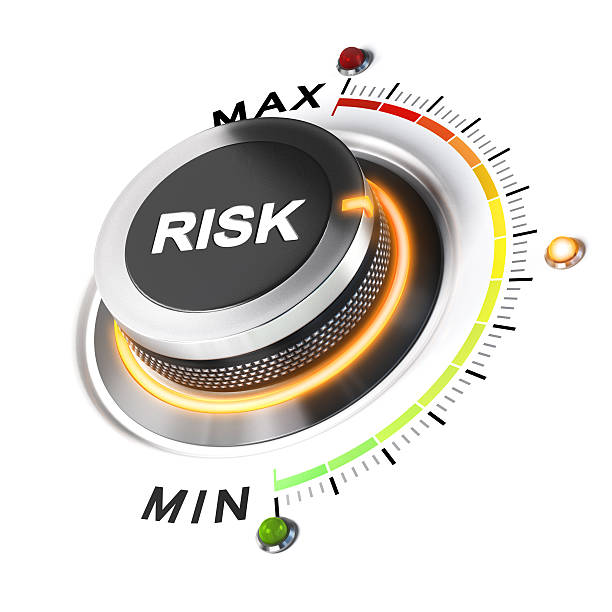 Acceptable Level of Risk Risk level knob positioned on medium position, white background and orange light. 3D illustration concept for business security management. risk stock pictures, royalty-free photos & images
