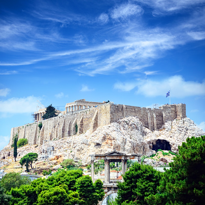 View of the Acropolis, including the Parthenon and the Arch of Hadrian, Athens, Greece. Compoite photo