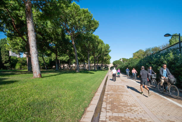 Active Lifestyle at Turia Riverbed Gardens in Valencia, Spain stock photo