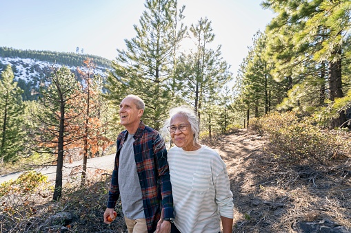 Wide angle shot featuring a Pacific Islander woman and her Caucasian husband enjoying nature on a sunny day. The active and healthy mixed race senior couple is hiking along a dirt trail through a forest. They are holding hands and smiling.