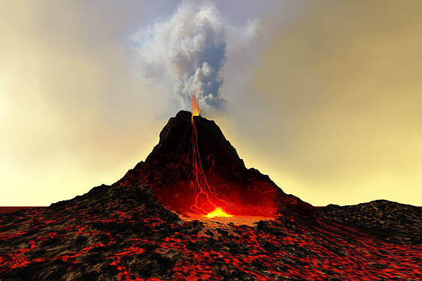 Active Volcano A volcano explodes with smoke and hot red flowing lava. volcano stock pictures, royalty-free photos & images